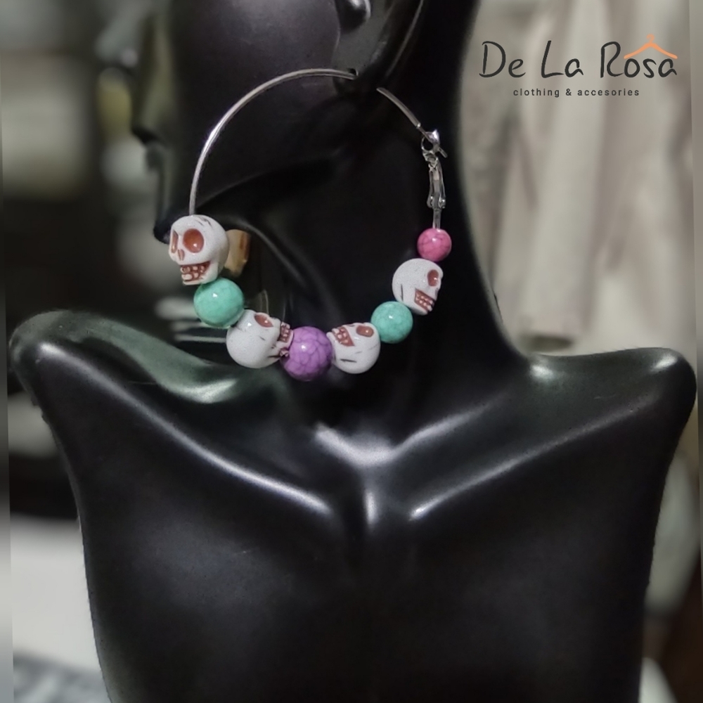 Skull Hoop  Day of the Dead Halloween Earrings